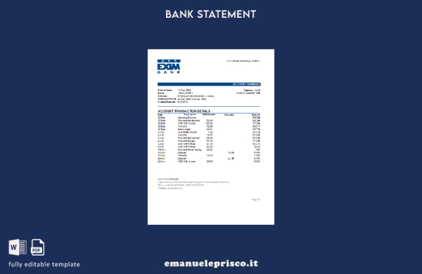 modello Excel di estratto conto bancario Ukreximbank in stile verificato Ucraina